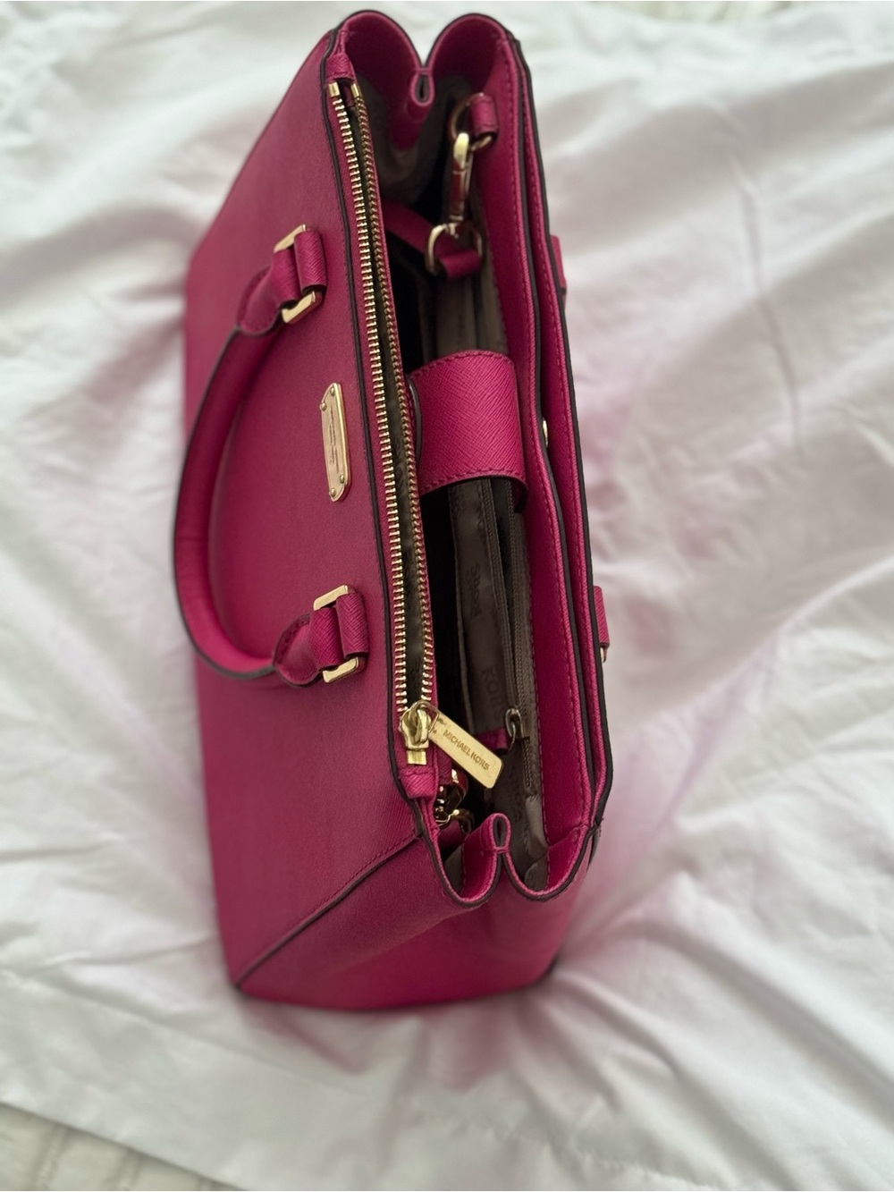 Michael Kors Raspberry Saffiano Leather Satchel with Gold Hardware
